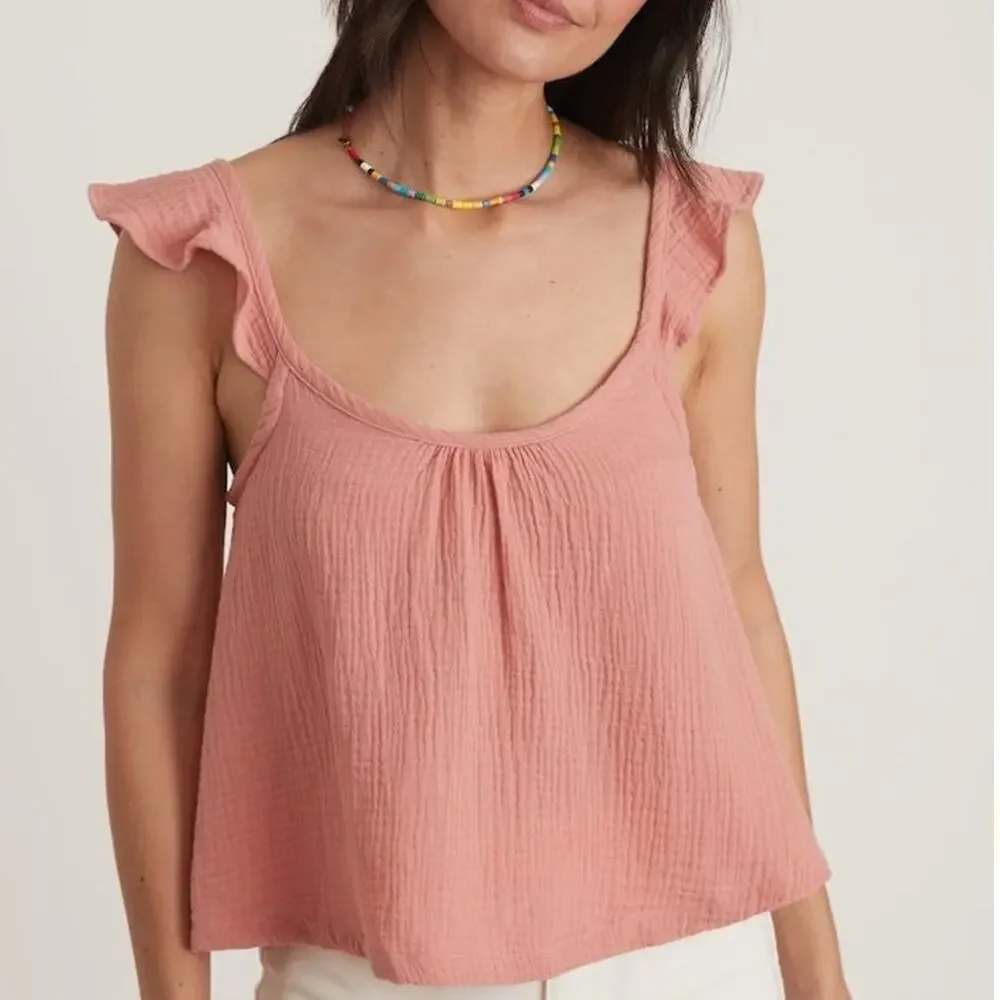 Marine Layer Jude Tank Top Flutter Sleeve Crinkled Cotton Rosette Pink NWT M